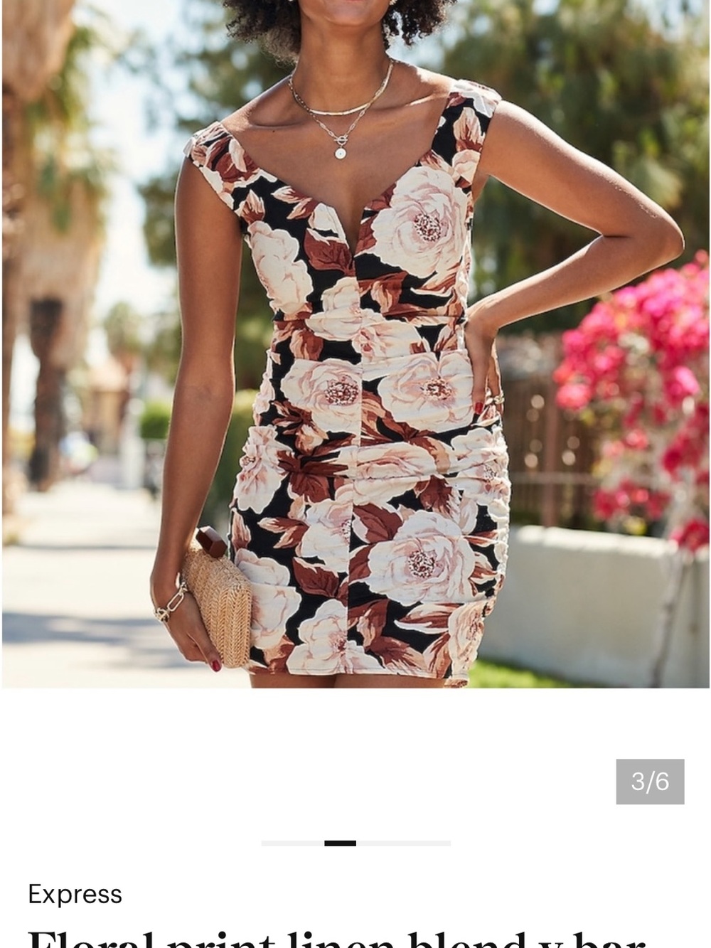 Express Black Floral V-Bar Ruched Mini Dress with Blush Roses